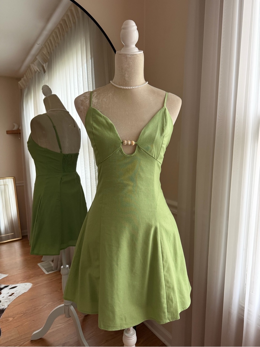 Paper Heart Green Linen Mini Dress with Beaded Detail Size S